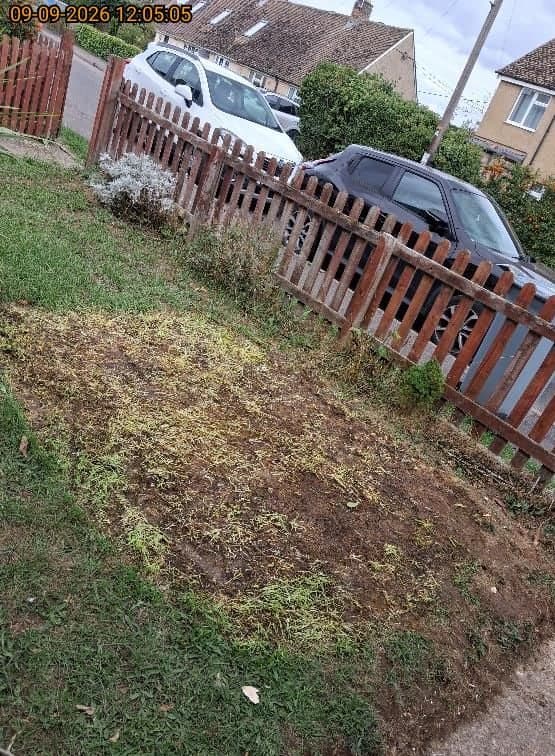 Front garden strimmed and cleared with cut grass and weeds raked over bare earth beside a timber fence