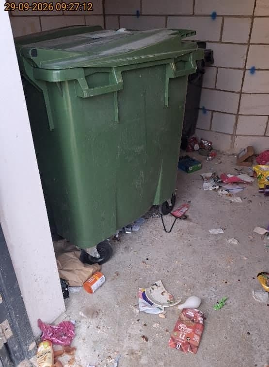 Communal bin store litter cleared, Thame before clearance